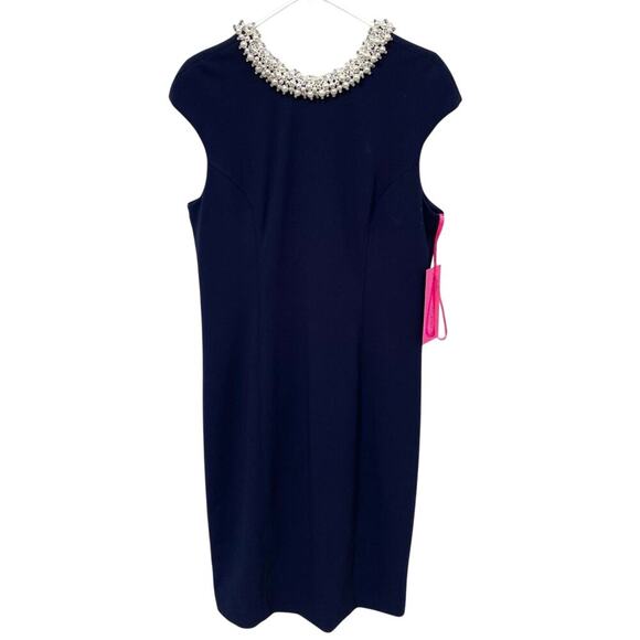 Betsey Johnson Pearl Rhinestone Neck Cap Sleeve Navy Blue Sheath Dress NWT 10 - Picture 1 of 7